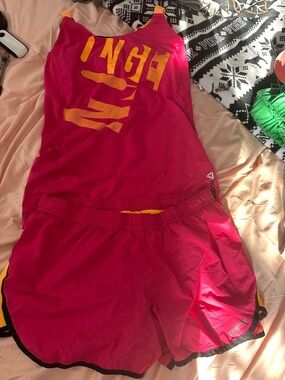 Reebok Pink and Yellow Athletic Tank & Shorts Set